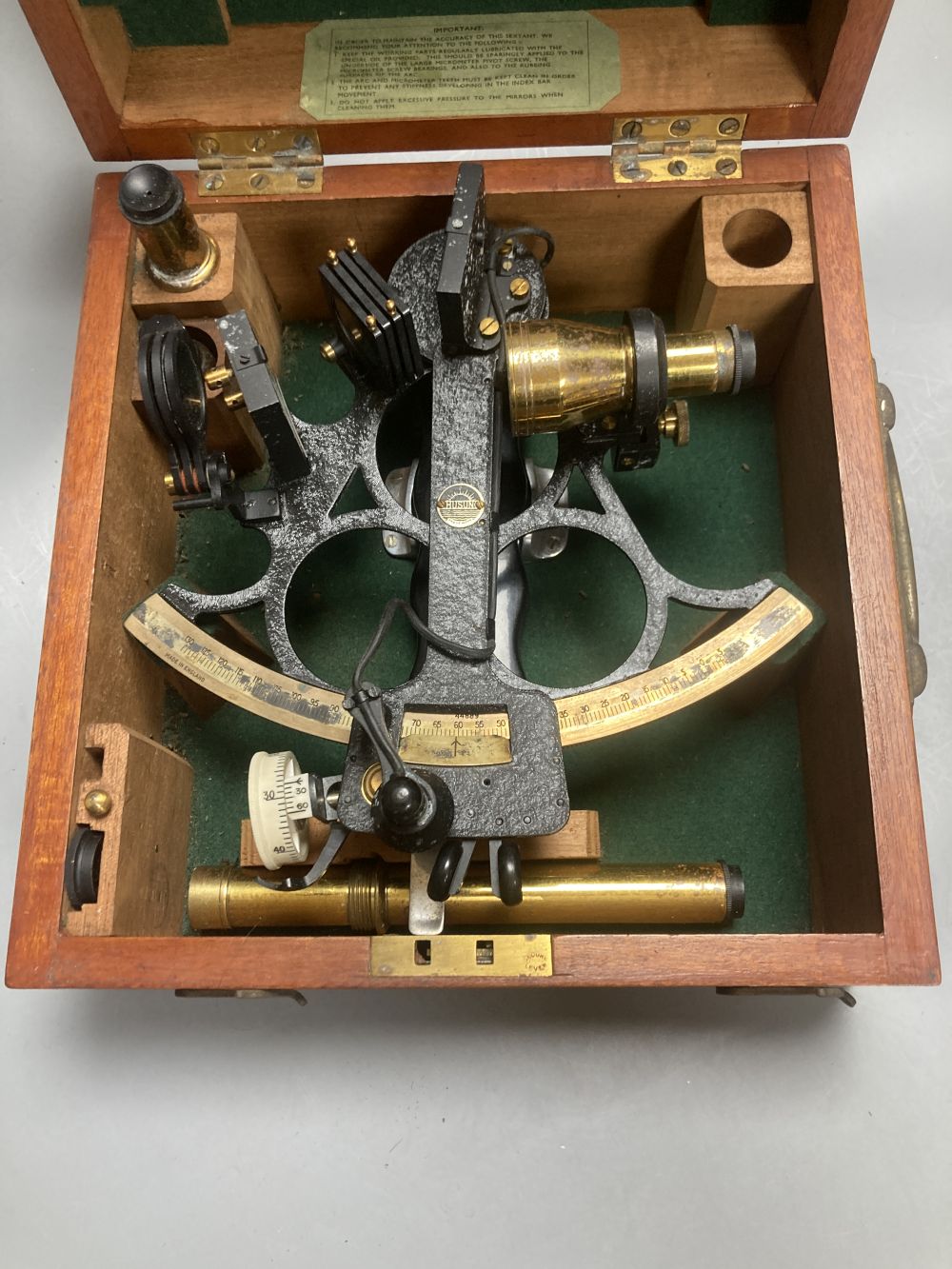 A cased Husun sextant by Henry Hughes & Son Ltd, no 44889, test certificate dated Nov. 44
